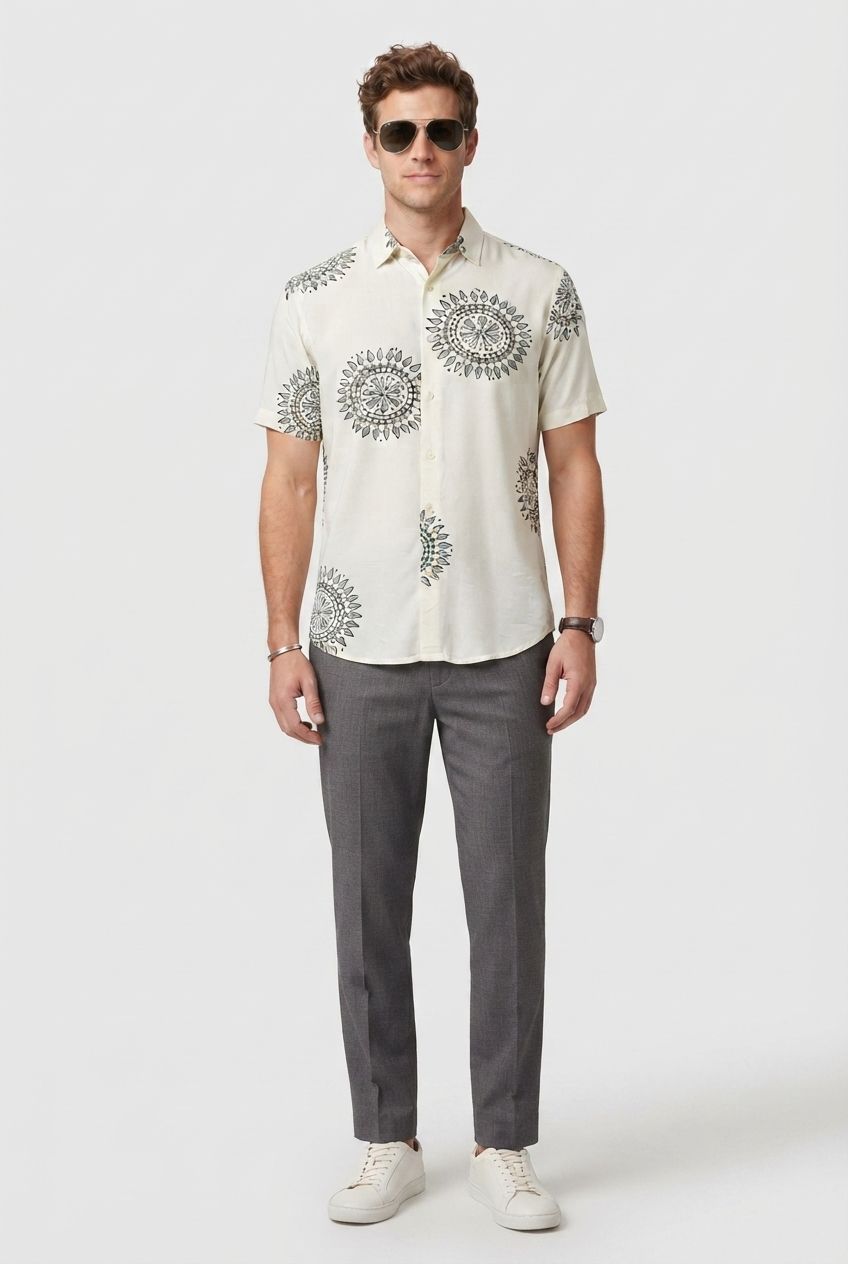 Olive Printed Rayon Semi Slim Fit Half Sleeve Shirt product image