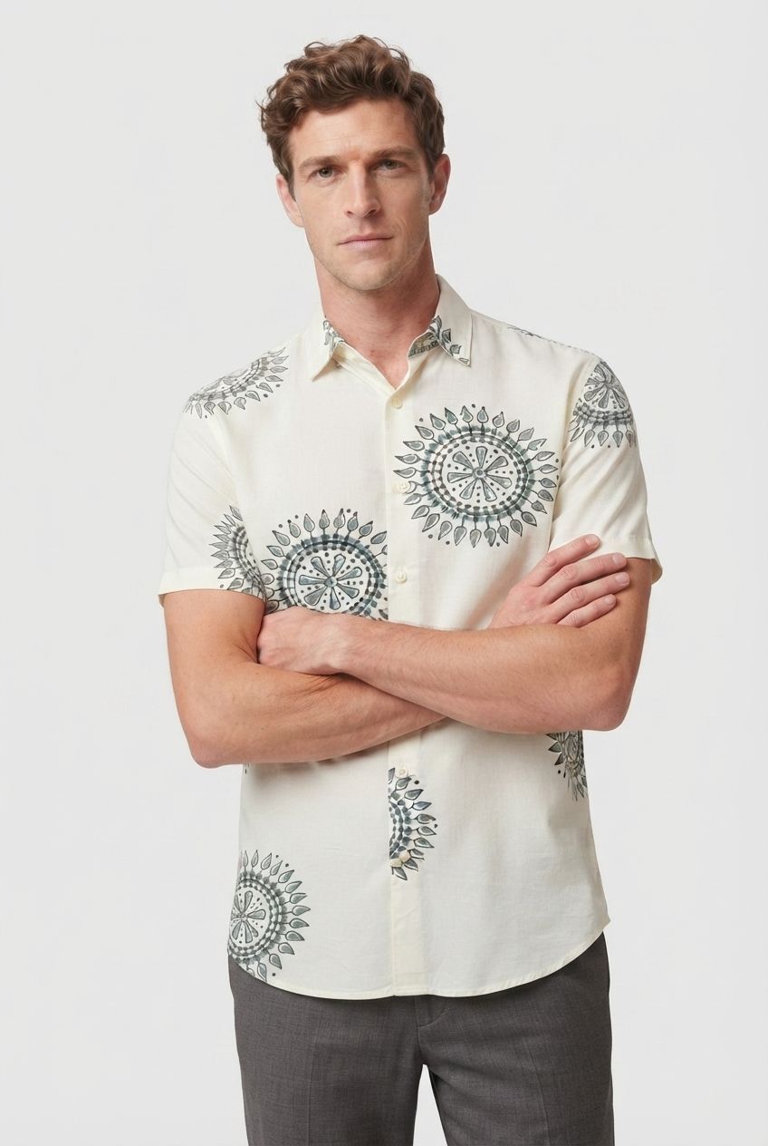 Olive Printed Rayon Semi Slim Fit Half Sleeve Shirt product image