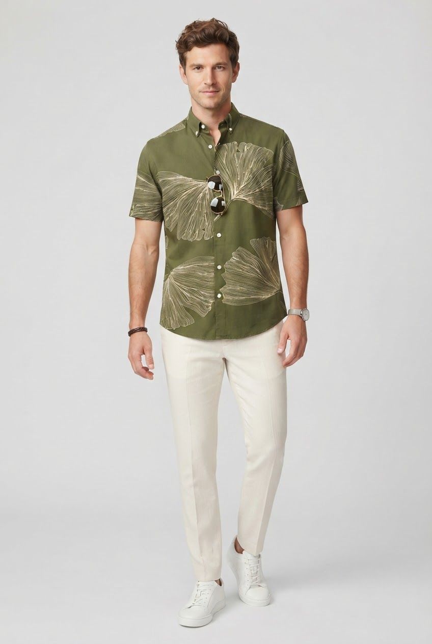 Olive Printed Rayon Semi Slim Fit Half Sleeve Shirt product image