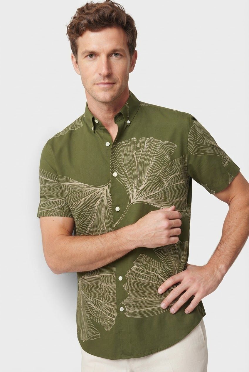 Olive Printed Rayon Semi Slim Fit Half Sleeve Shirt product image