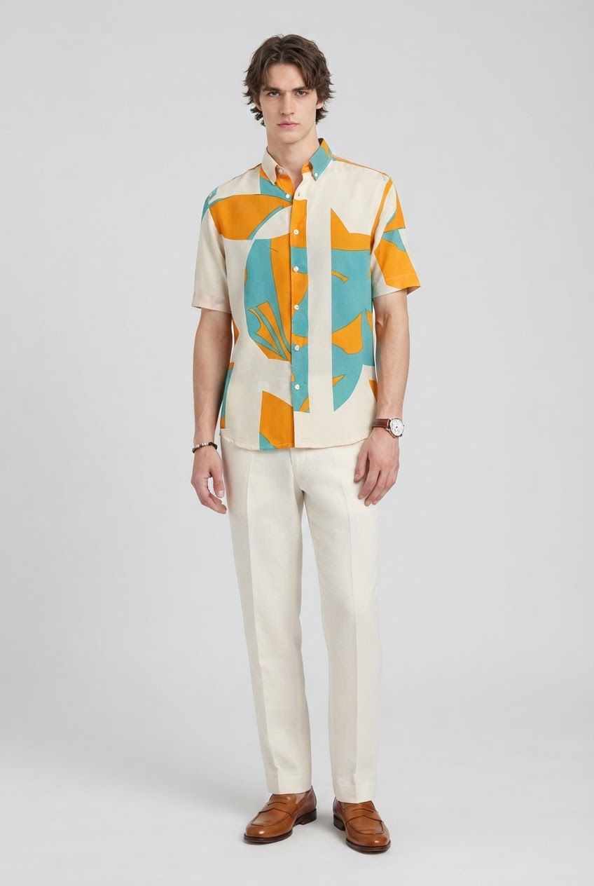 Orange Printed Rayon Semi Slim Fit Half Sleeve Shirt product image
