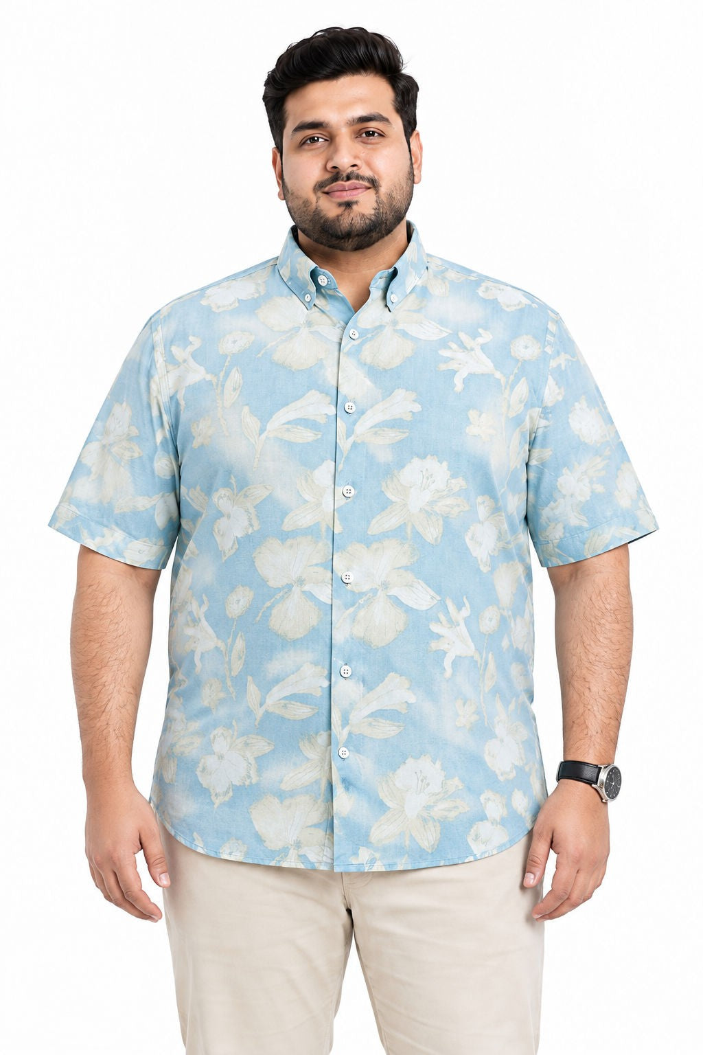 Big MEND Sky Blue Printed Rayon Semi Slim Fit Half Sleeve Shirt