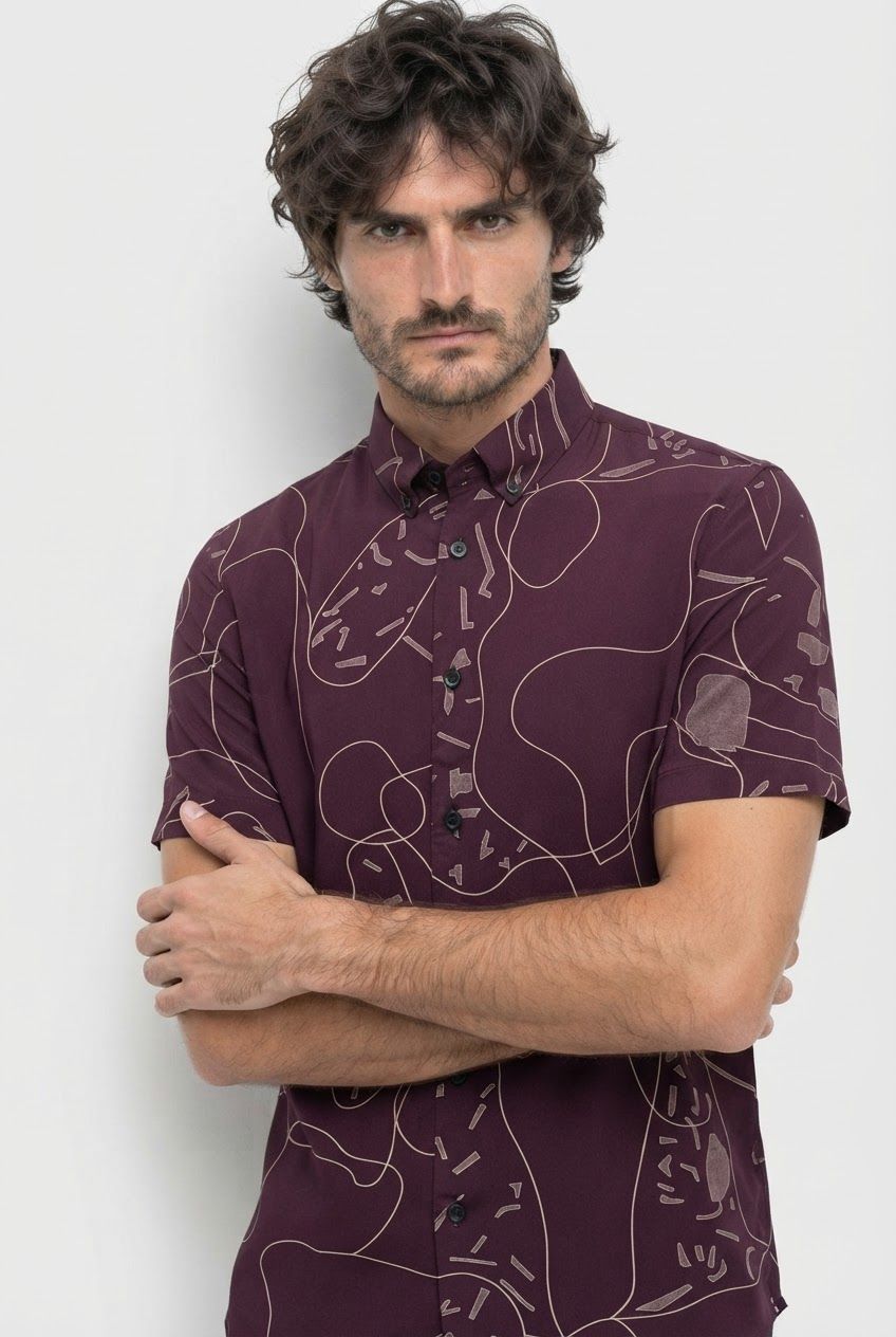 Purple Printed Rayon Semi Slim Fit Shirt