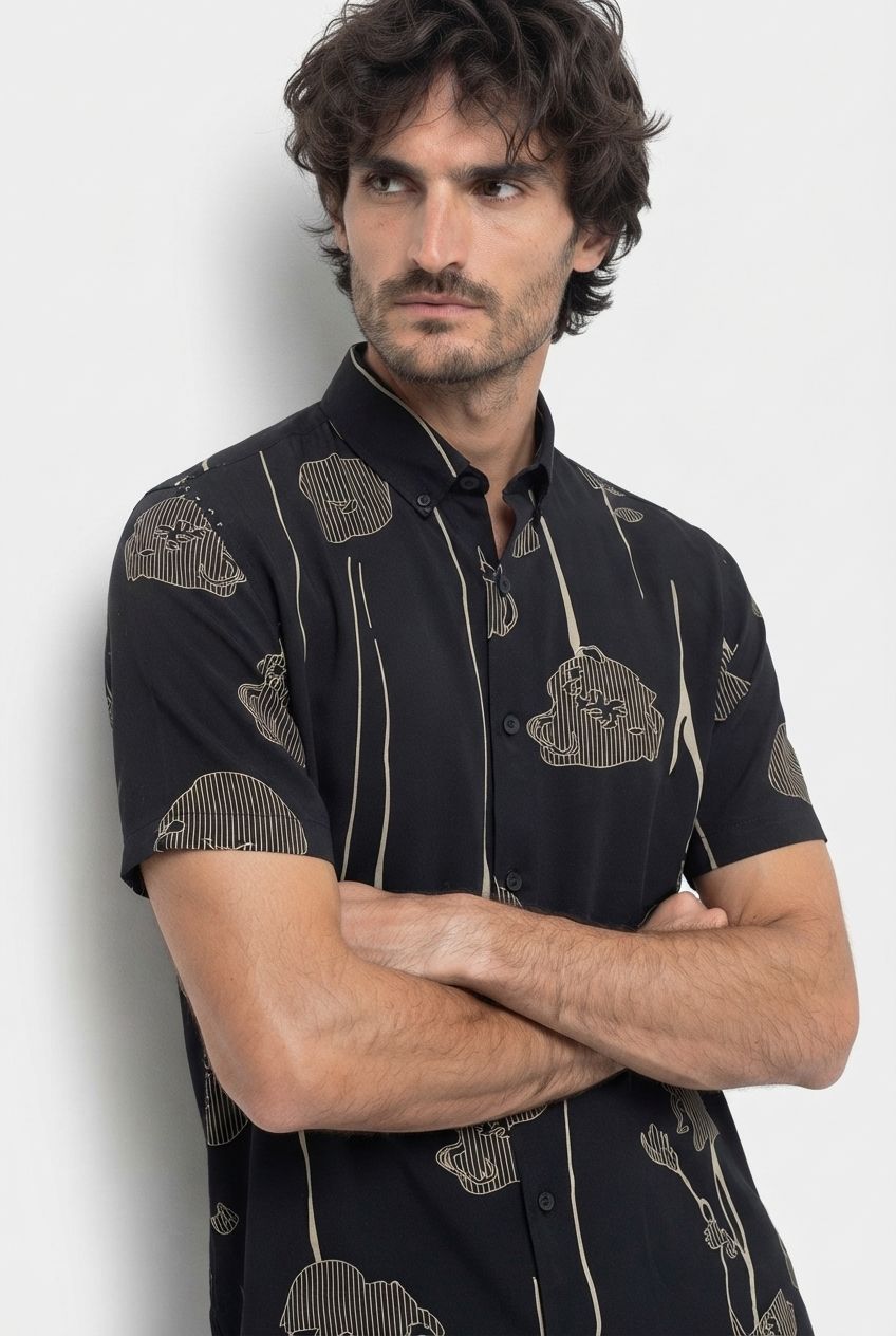 Black Printed Rayon Semi Slim Fit Half Sleeve Shirt-thumbmail-4