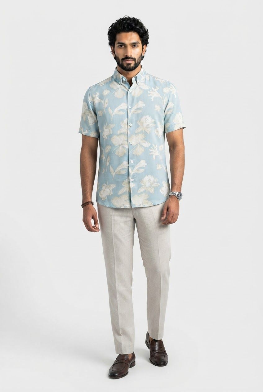 Sky Blue Printed Rayon Semi Slim Fit Half Sleeve Shirt product image