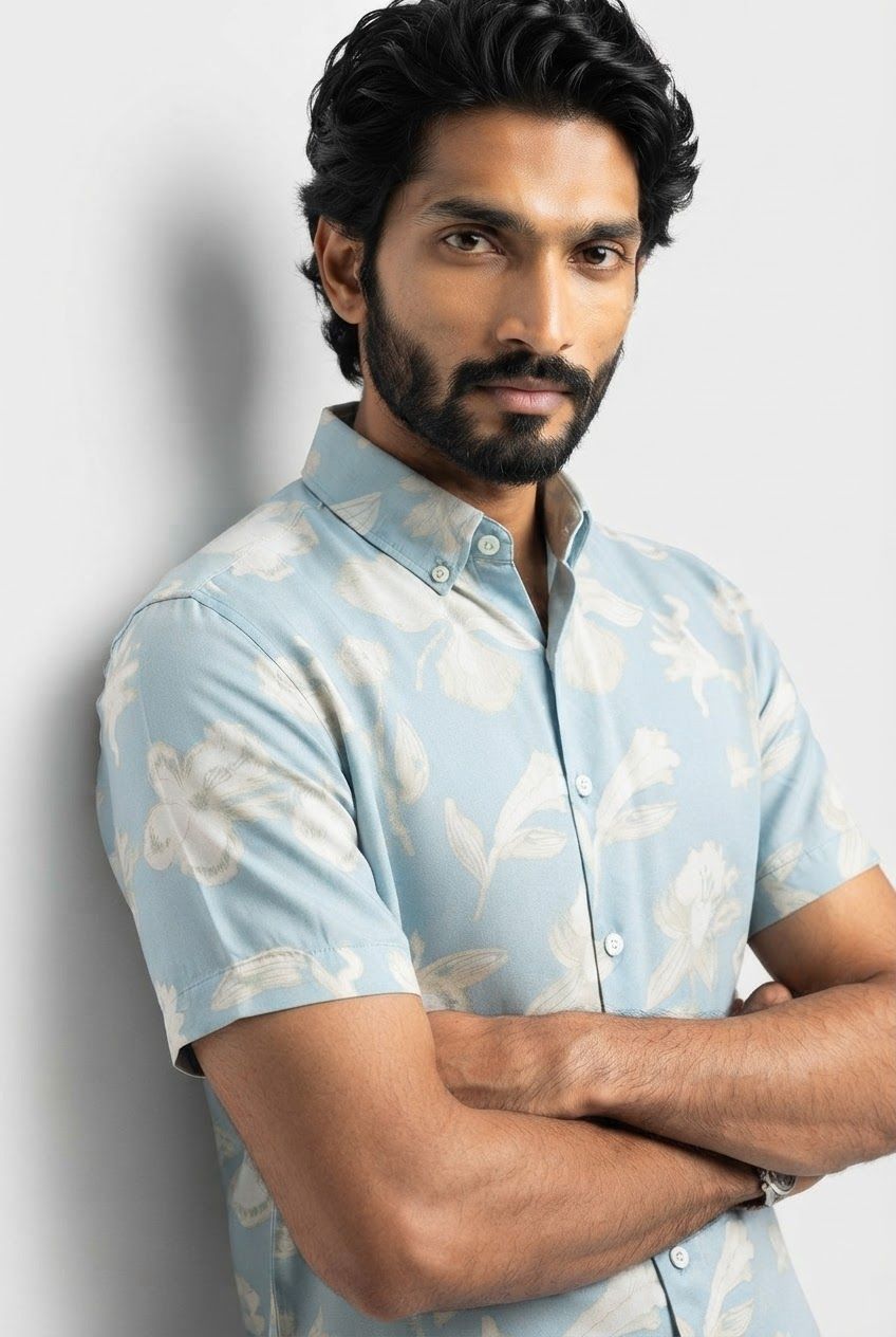 Sky Blue Printed Rayon Semi Slim Fit Half Sleeve Shirt product image
