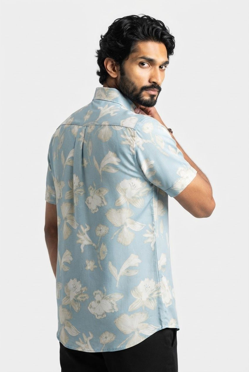 Sky Blue Printed Rayon Semi Slim Fit Half Sleeve Shirt product image