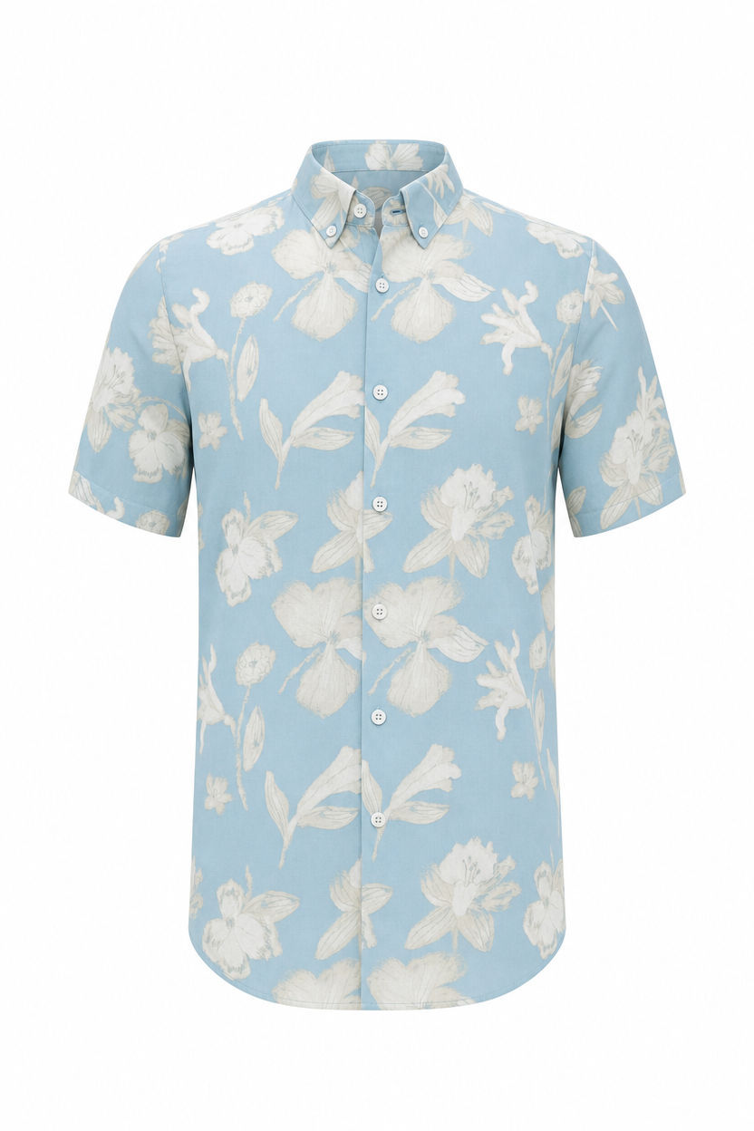 Sky Blue Printed Rayon Semi Slim Fit Half Sleeve Shirt product image