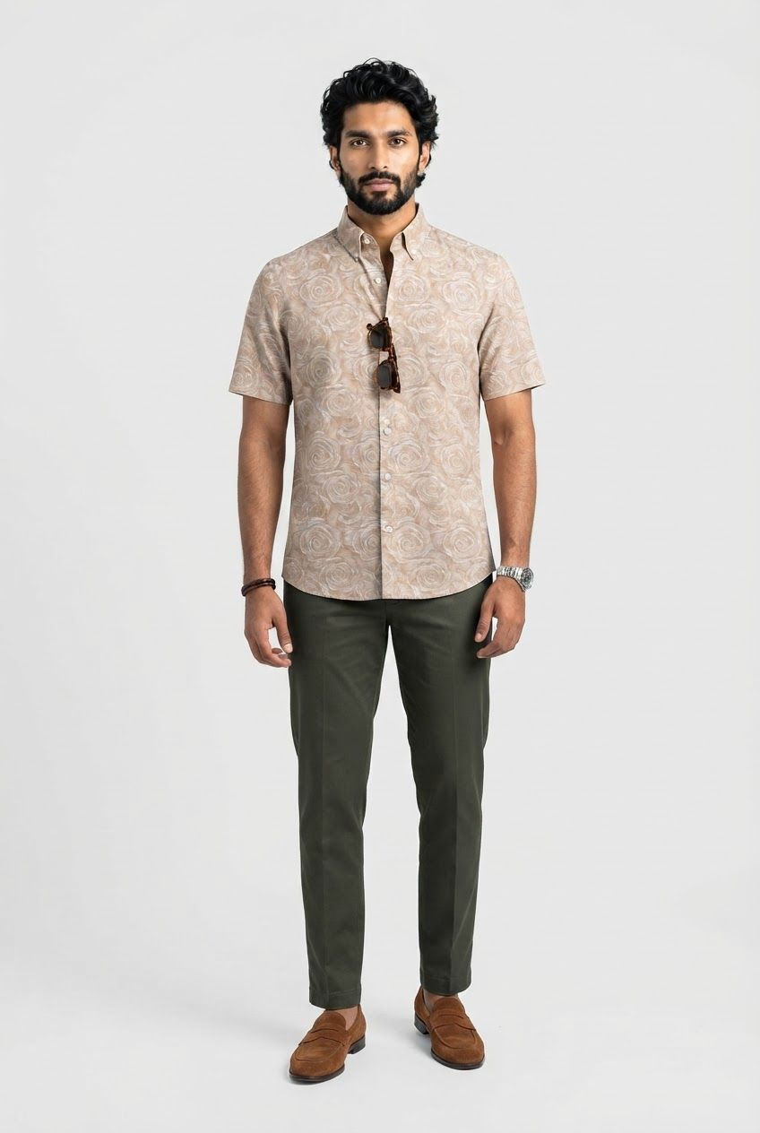 Tan Printed Rayon Semi Slim Fit Half Sleeve Shirt product image