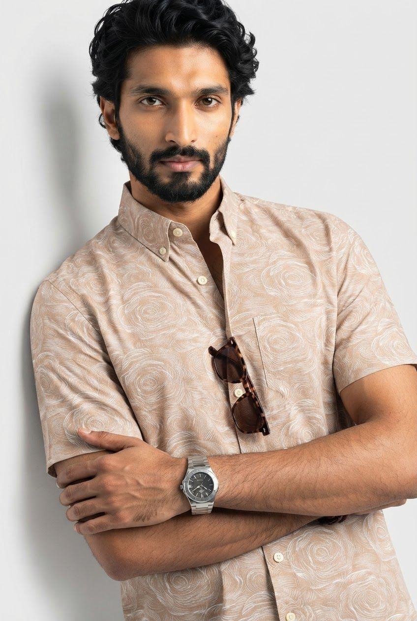 Tan Printed Rayon Semi Slim Fit Half Sleeve Shirt product image