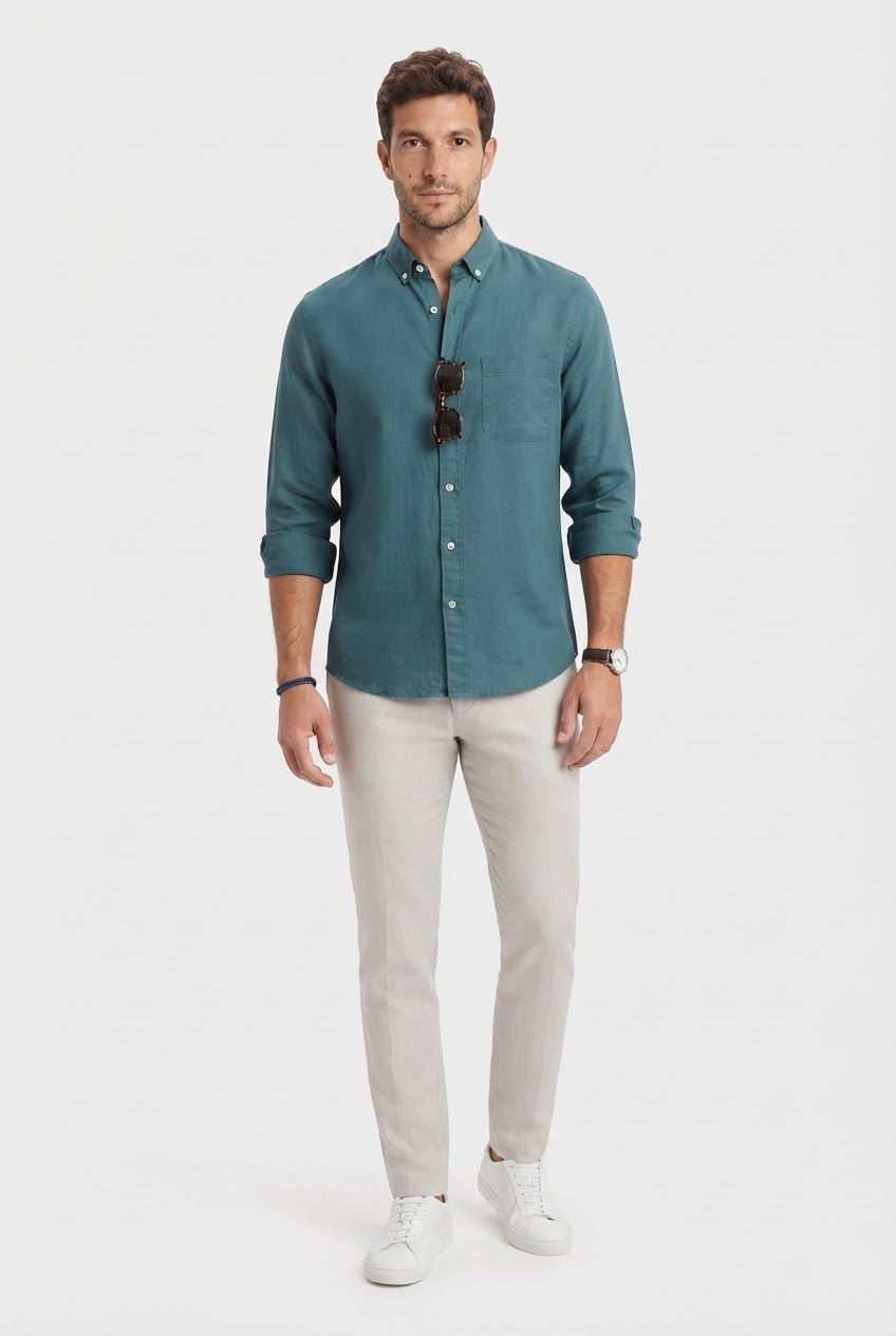 Teal Solid Linen Semi Slim Fit Full Sleeve Shirt product image