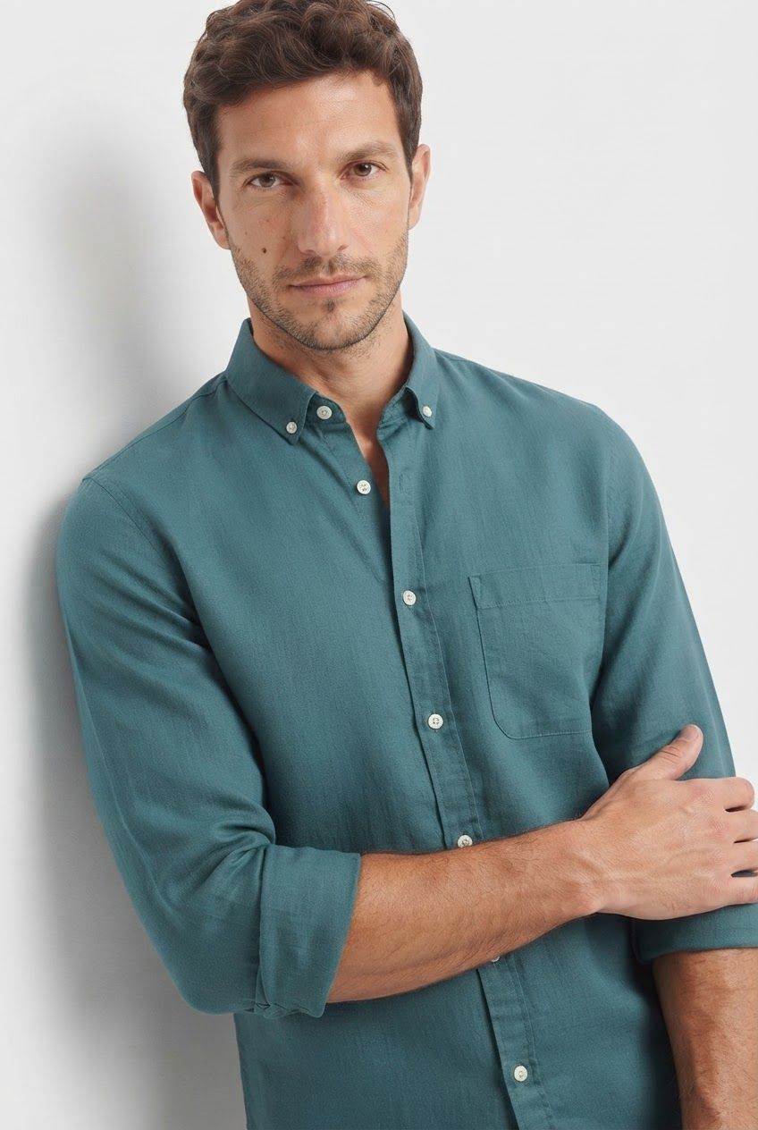 Teal Solid Linen Semi Slim Fit Full Sleeve Shirt product image