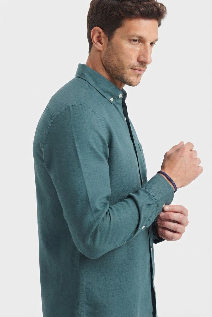 Teal Solid Linen Semi Slim Fit Full Sleeve Shirt product image