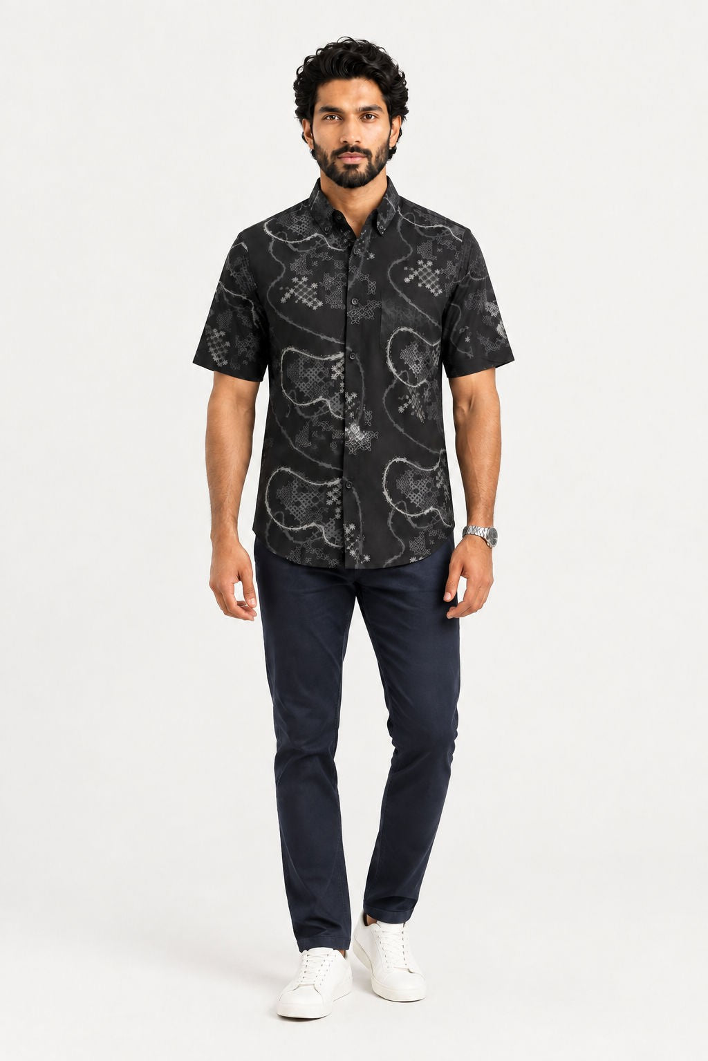 Black Printed Rayon Semi Slim Fit Half Sleeve Shirt-thumbmail-3