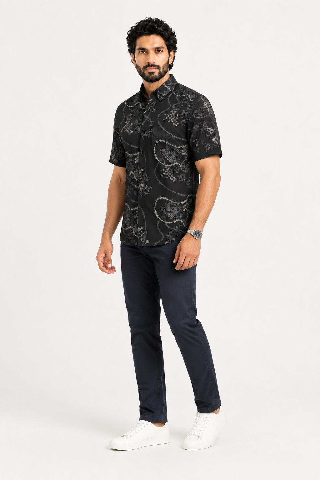 Black Printed Rayon Semi Slim Fit Half Sleeve Shirt-thumbmail-5