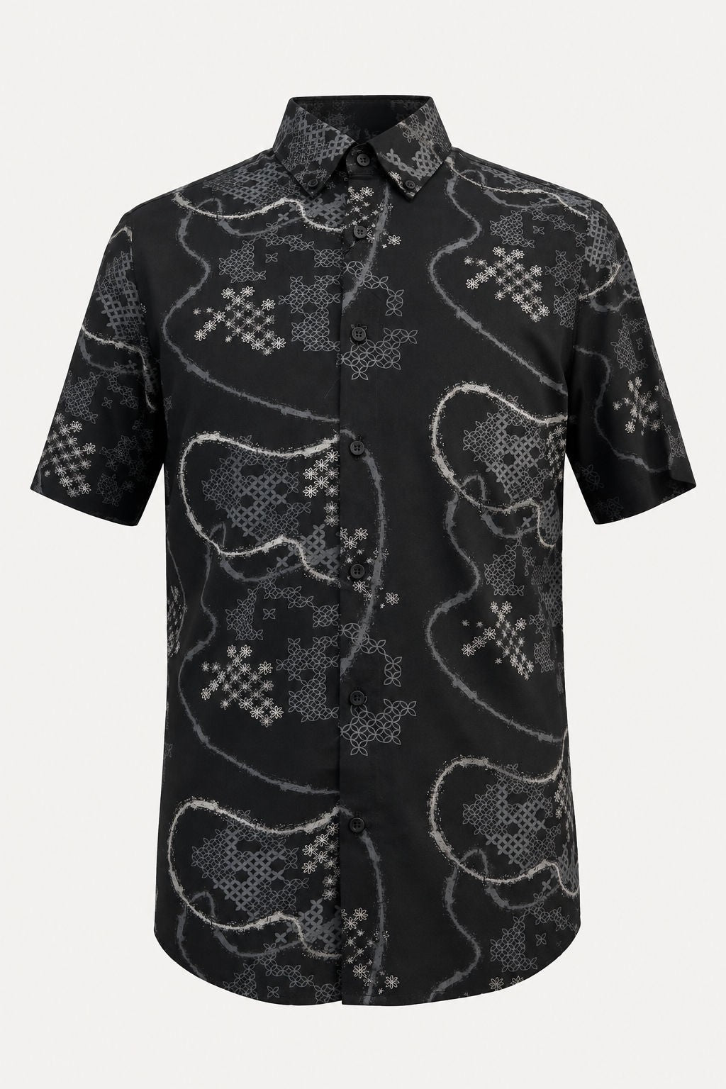 Black Printed Rayon Semi Slim Fit Half Sleeve Shirt-thumbmail-1