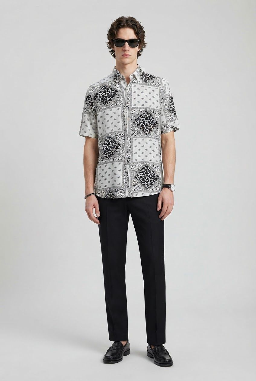White Printed Rayon Semi Slim Fit Half Sleeve Shirt product image
