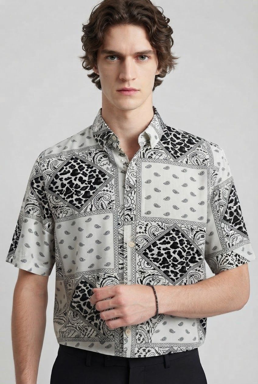 White Printed Rayon Semi Slim Fit Half Sleeve Shirt product image