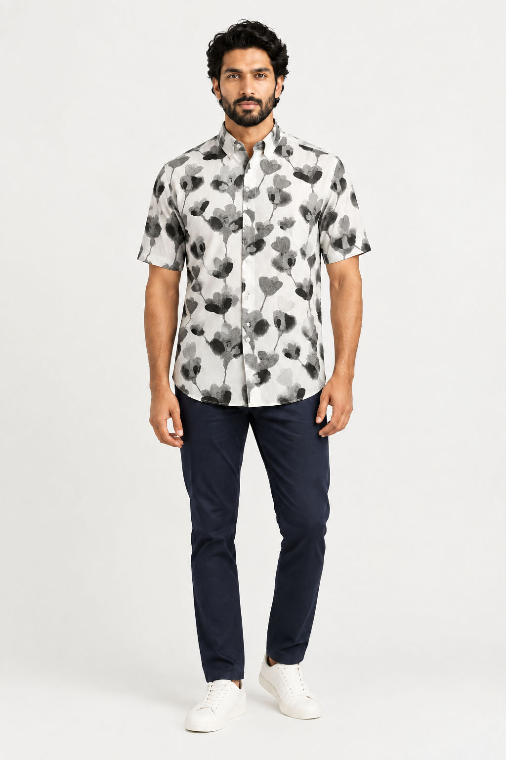 White Printed Rayon Semi Slim Fit Half Sleeve Shirt product image
