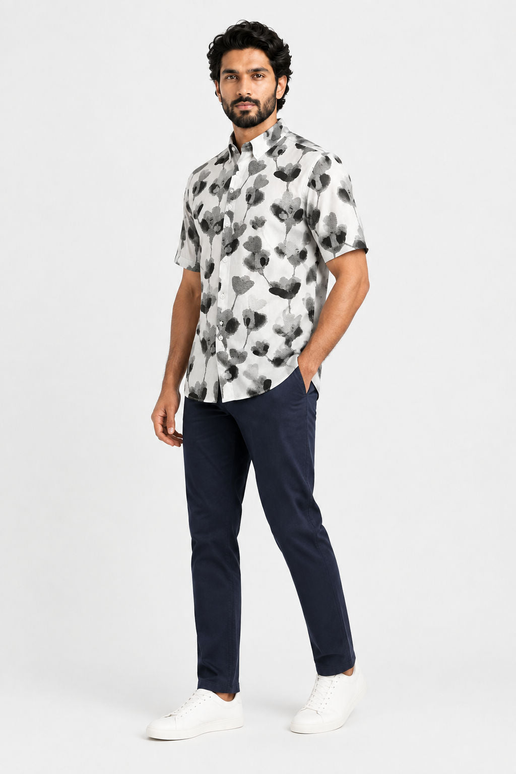 White Printed Rayon Semi Slim Fit Half Sleeve Shirt product image