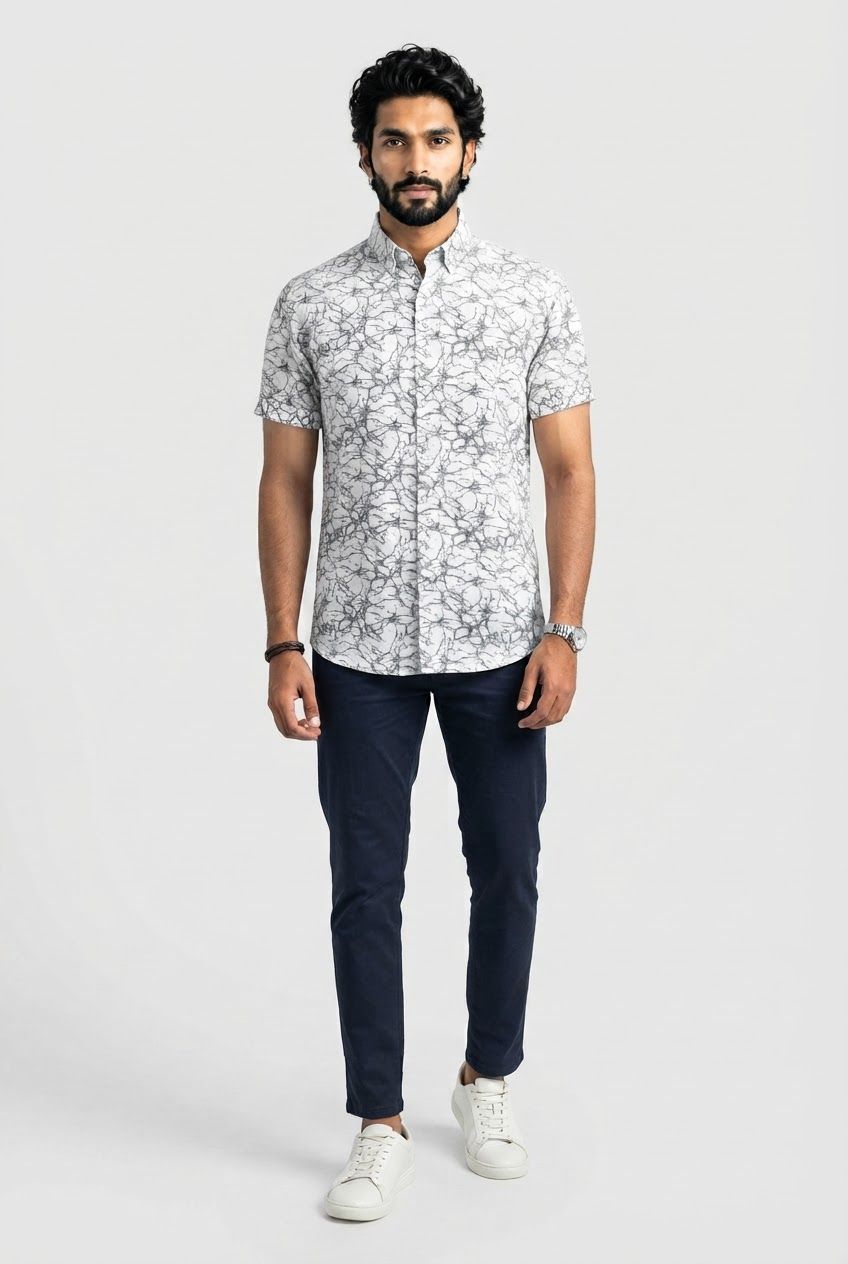 White Printed Rayon Semi Slim Fit Half Sleeve Shirt product image