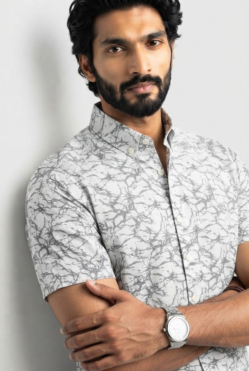 White Printed Rayon Semi Slim Fit Half Sleeve Shirt product image