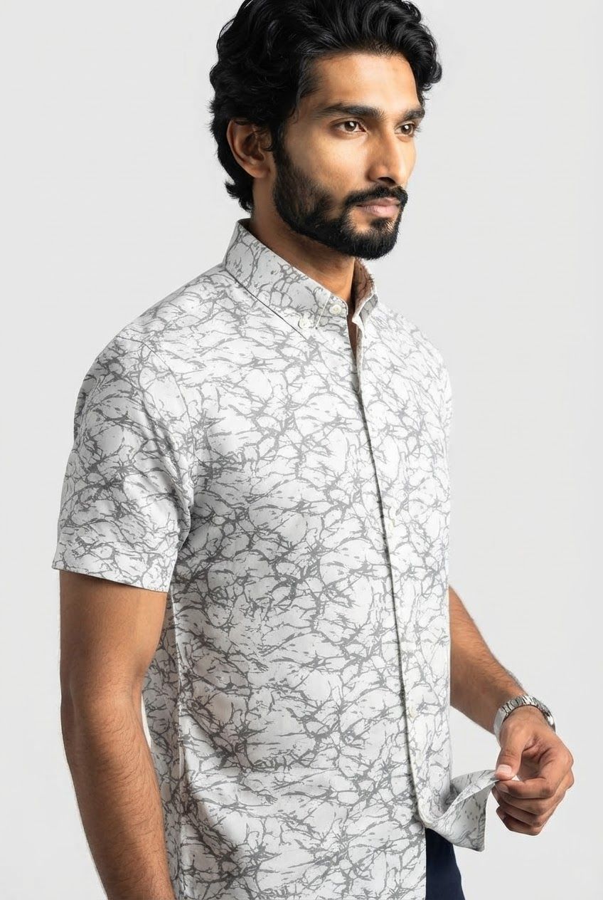 White Printed Rayon Semi Slim Fit Half Sleeve Shirt product image