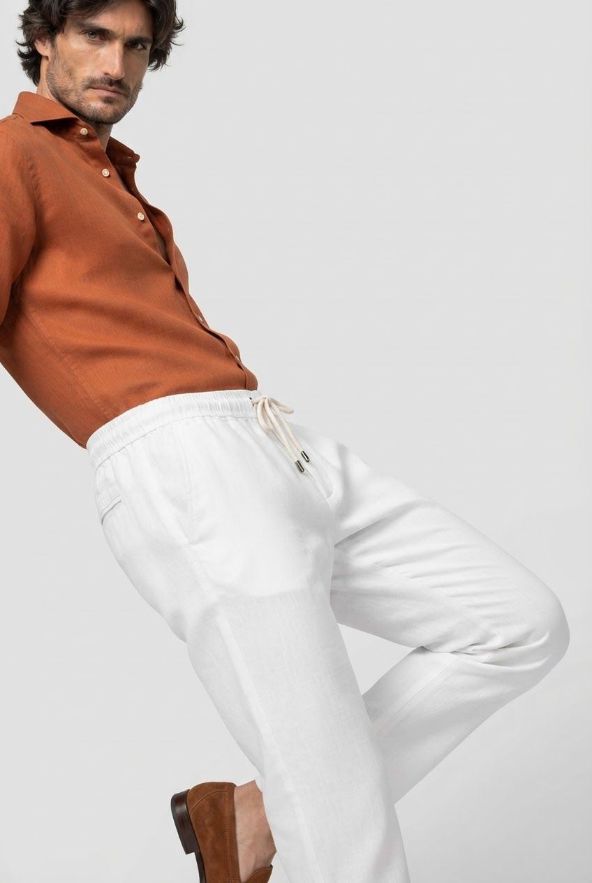 White Solid Linen Semi Slim Fit Trouser product image