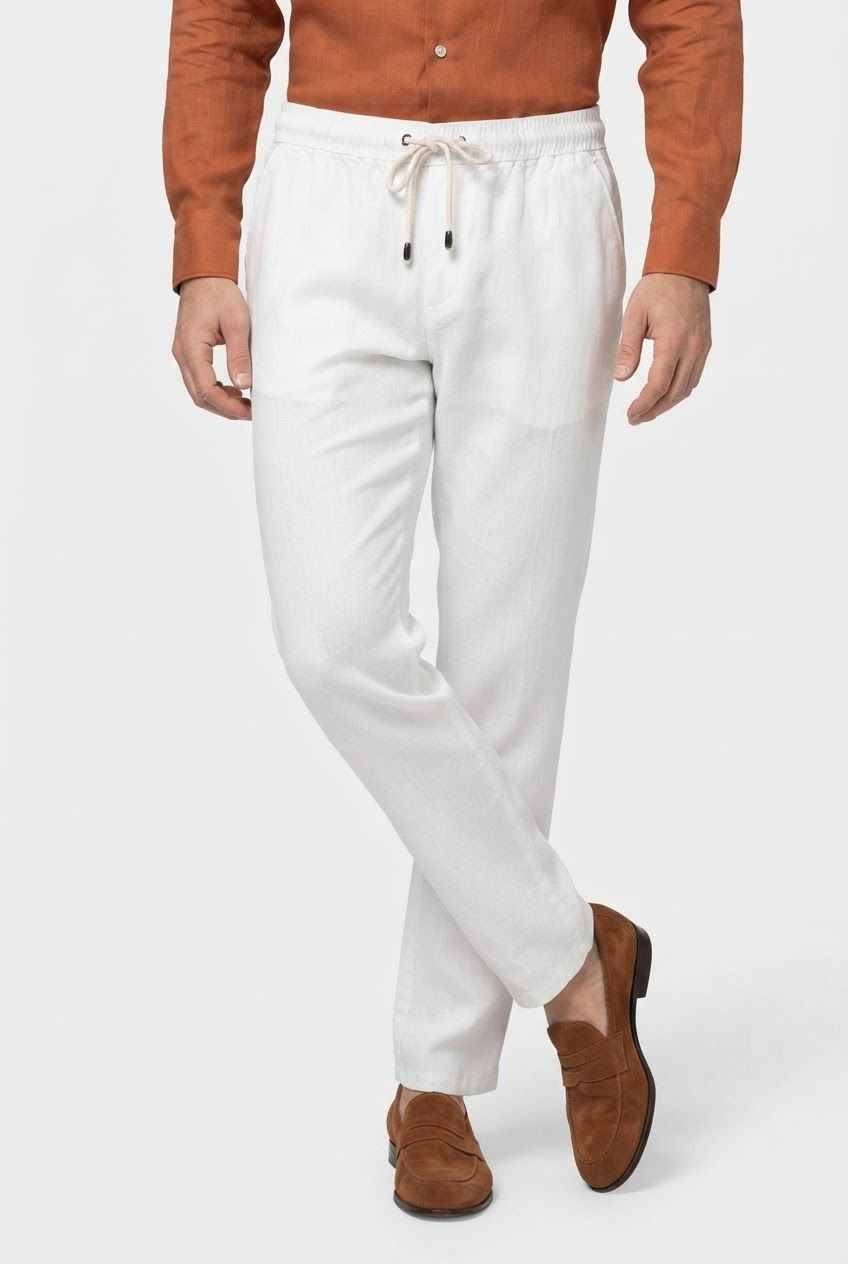 White Solid Linen Semi Slim Fit Trouser product image