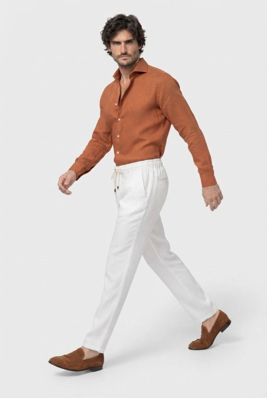 White Solid Linen Semi Slim Fit Trouser product image